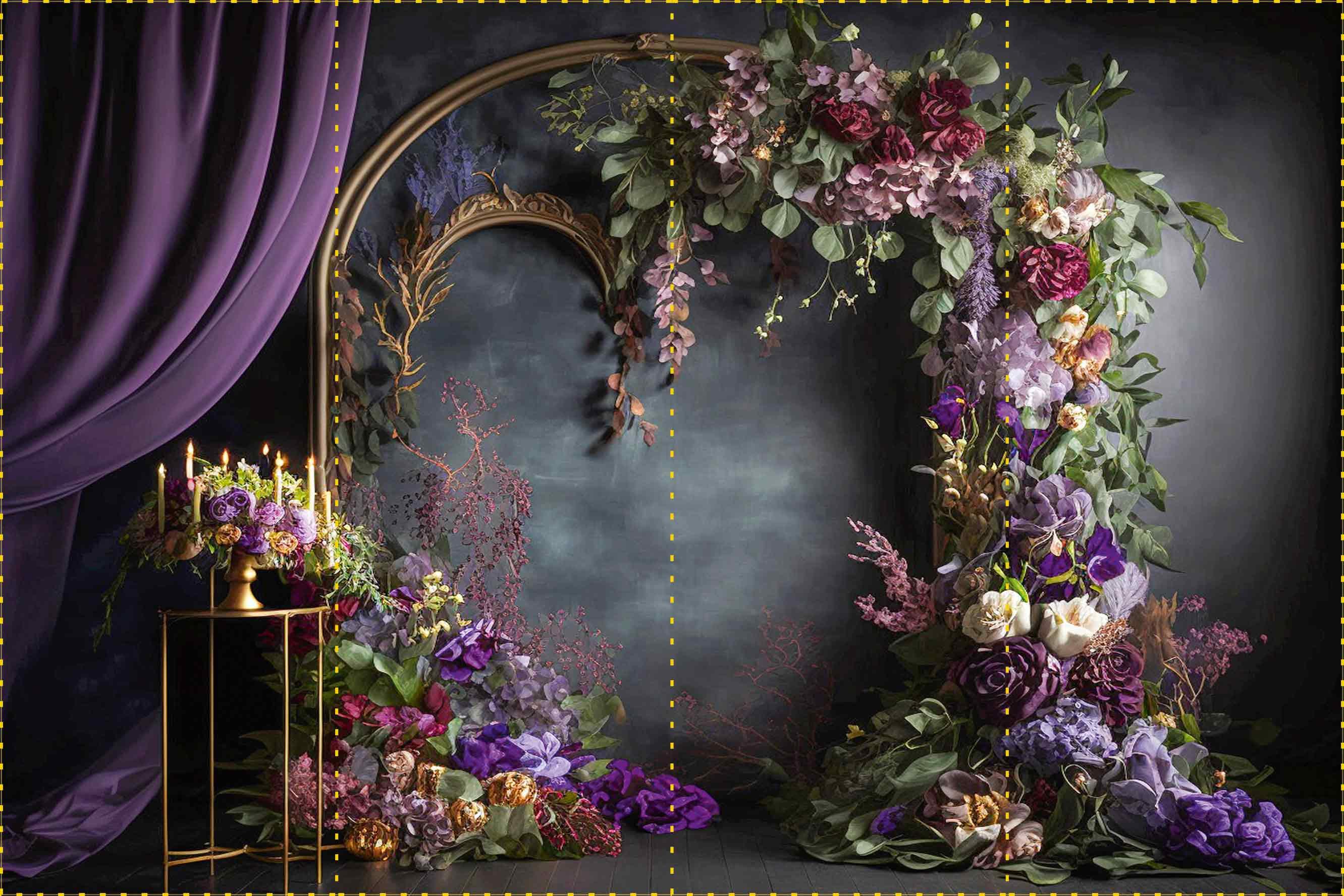 Mor Perde ve Çiçekler İle Süslenmiş Gold Dekor - Organizasyon ve Fotoğraf Fonu  - Katlanır Kırışmaz Kumaş - Üç Boyutlu Fotoğraf Fonu - Fabric Backdrop