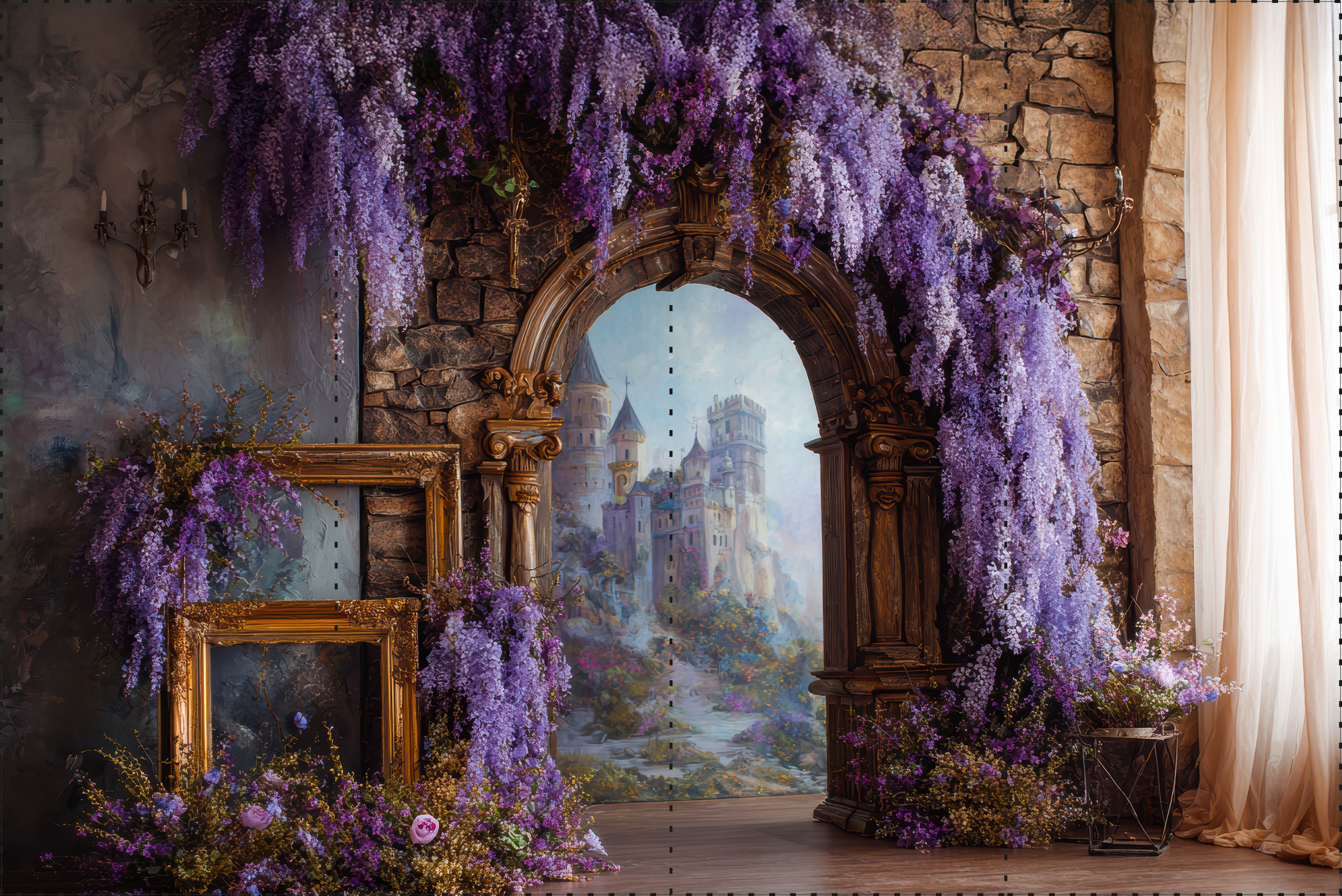 Mor Sümbüller ve Ahşap Dekorlar   - Organizasyon ve Fotoğraf Fonu  - Katlanır Kırışmaz Kumaş - Üç Boyutlu Fotoğraf Fonu - Fabric Backdrop