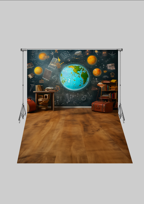 Okul Temalı - Dünya ve Kitaplık  - Üç Boyutlu Çocuk Kumaş Fotoğraf Fonu - Fabric Photography Backdrop ( 2X2,5 MT)