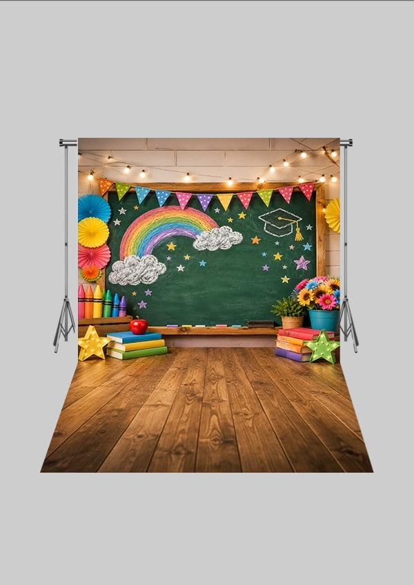Okul Temalı  - Gökkuşağı Tahtalı Sınıf - Üç Boyutlu Çocuk Kumaş Fotoğraf Fonu - Fabric Photography Backdrop ( 2X2,5 MT)
