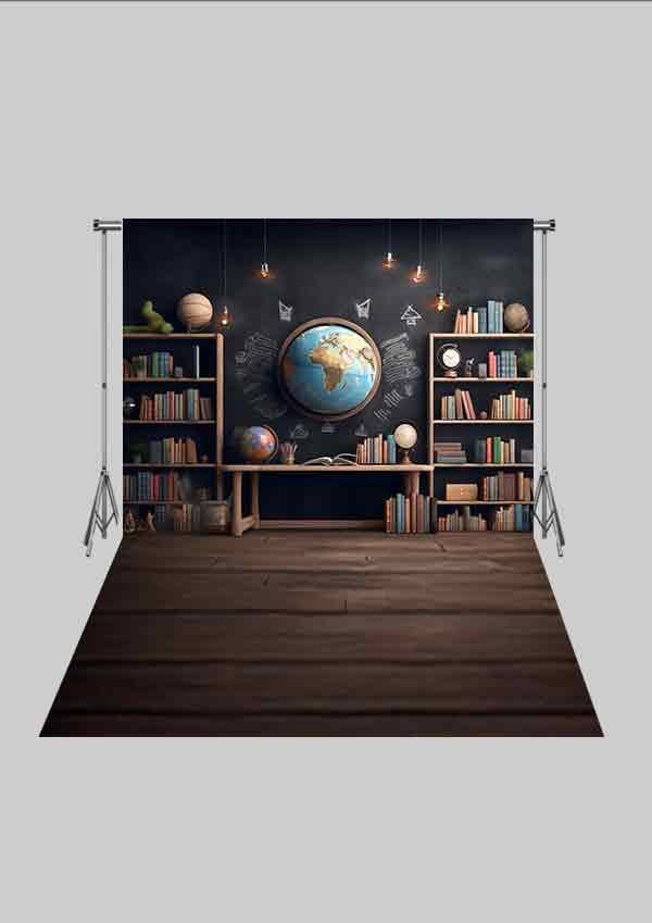 Okul Temalı - Kara Tahta ve Atlas - Üç Boyutlu Çocuk Kumaş Fotoğraf Fonu - Fabric Photography Backdrop ( 2X2,5 MT)