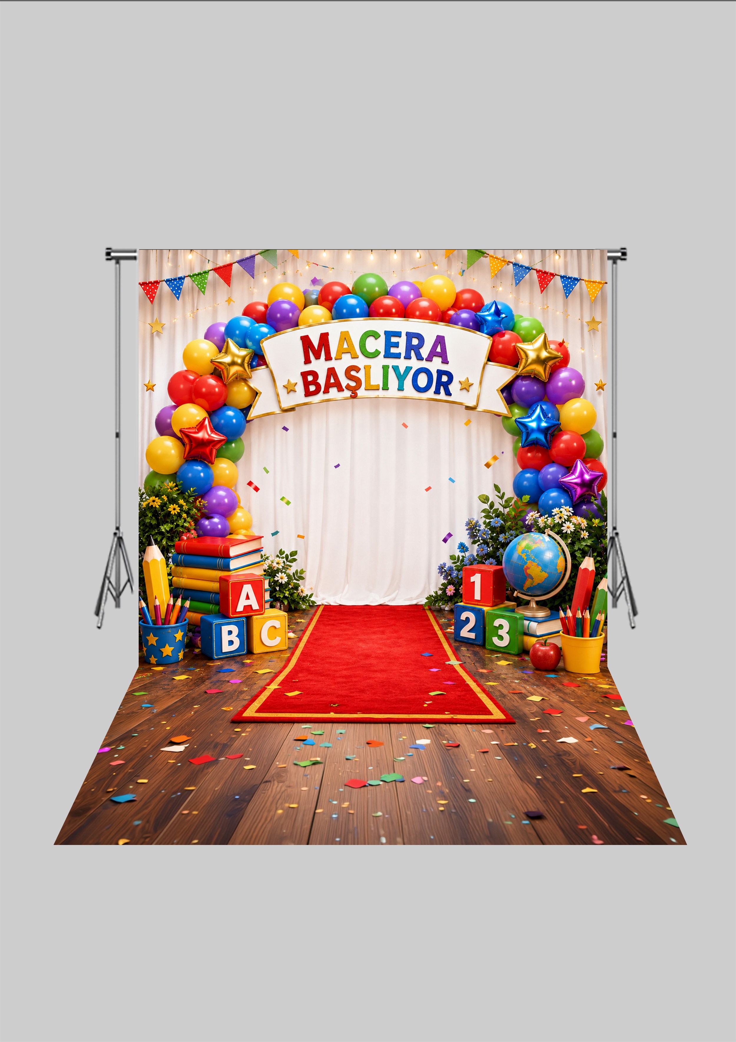 Okul Temalı - Macera Başlıyor 2 - Üç Boyutlu Çocuk Kumaş Fotoğraf Fonu - Fabric Photography Backdrop ( 2X2,5 MT)
