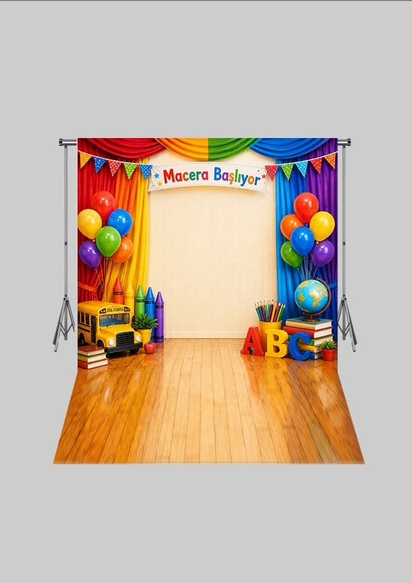 Okul Temalı - Macera Başlıyor - Üç Boyutlu Çocuk Kumaş Fotoğraf Fonu - Fabric Photography Backdrop ( 2X2,5 MT)