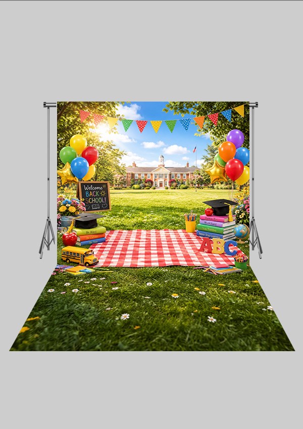 Okul Temalı  - Okul Bahçesi - Üç Boyutlu Çocuk Kumaş Fotoğraf Fonu - Fabric Photography Backdrop ( 2X2,5 MT)
