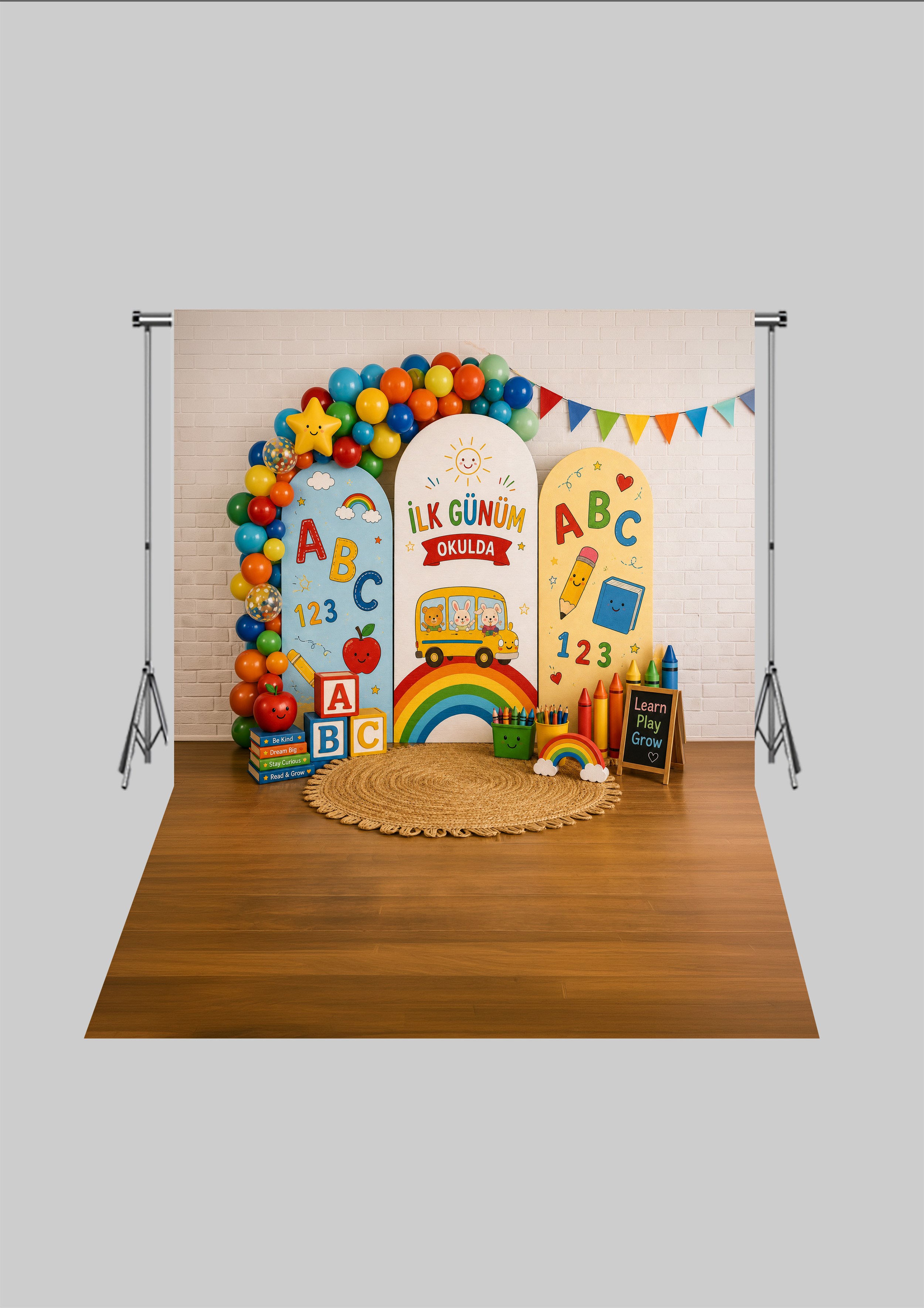 Okul Temalı  - Okulun İlk Günü 2 - Üç Boyutlu Çocuk Kumaş Fotoğraf Fonu - Fabric Photography Backdrop ( 2X2,5 MT)