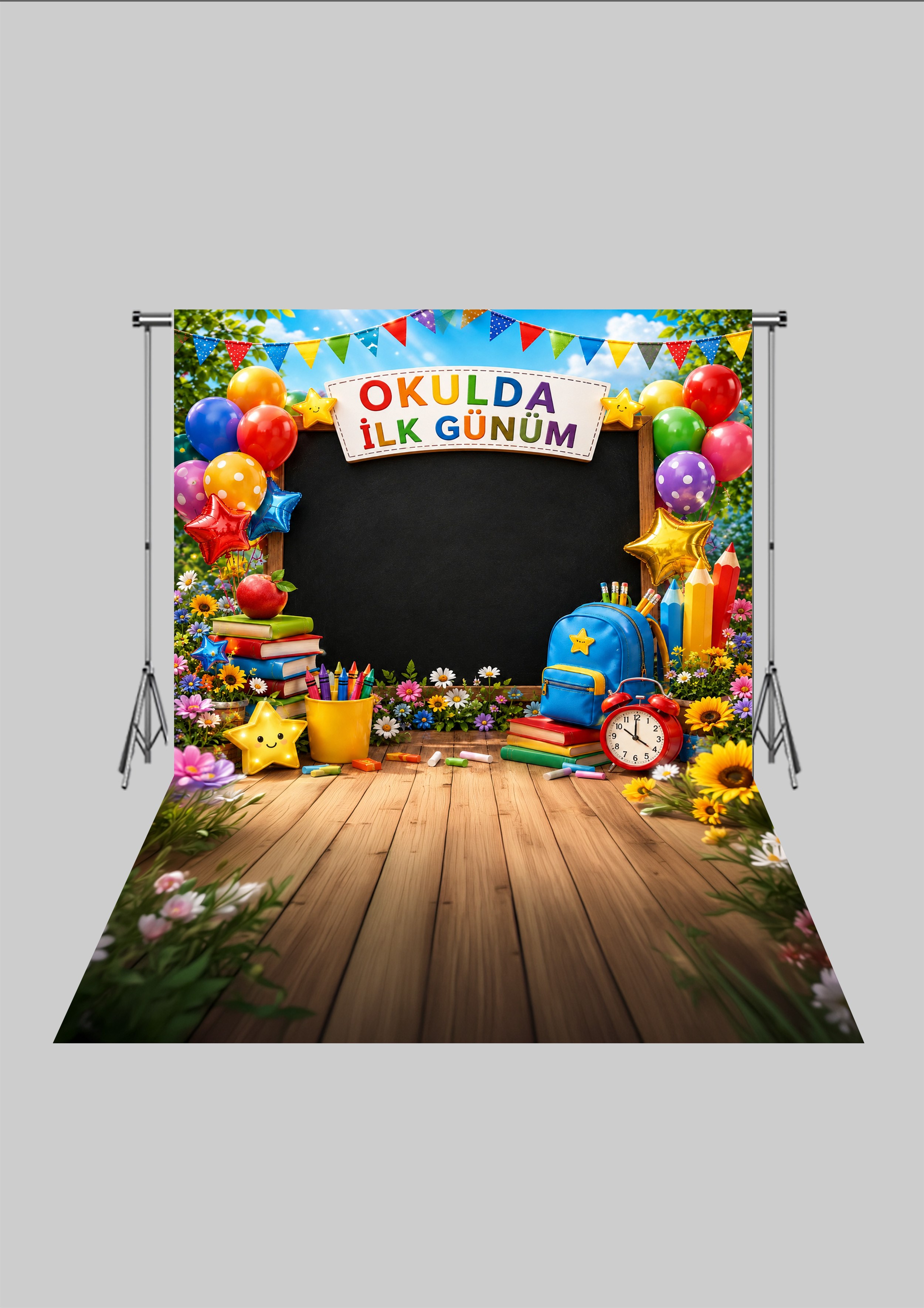 Okul Temalı  - Okulun İlk Günü 5 - Üç Boyutlu Çocuk Kumaş Fotoğraf Fonu - Fabric Photography Backdrop ( 2X2,5 MT)