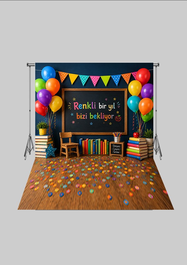 Okul Temalı  - Renkli Bir Yıl - Üç Boyutlu Çocuk Kumaş Fotoğraf Fonu - Fabric Photography Backdrop ( 2X2,5 MT)