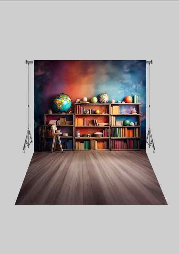 Okul Temalı - Renkli Tahta ve Kitaplık  - Üç Boyutlu Çocuk Kumaş Fotoğraf Fonu - Fabric Photography Backdrop ( 2X2,5 MT)