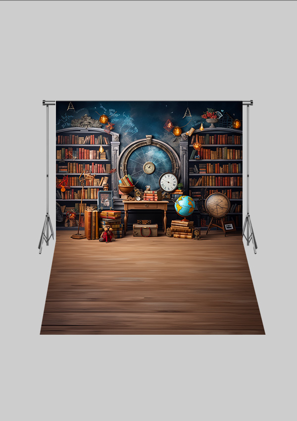Okul ve Sınıf Temalı  12 - Dünya ve Kitaplık  - Üç Boyutlu Çocuk Kumaş Fotoğraf Fonu - Fabric Photography Backdrop ( 2X2,5 MT)