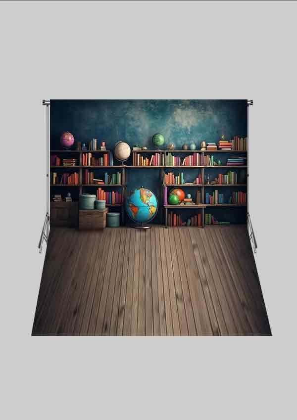 Okul ve Sınıf Temalı  13- Dünya ve Kitaplık  - Üç Boyutlu Çocuk Kumaş Fotoğraf Fonu - Fabric Photography Backdrop ( 2X2,5 MT)