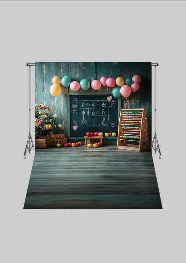 Okul ve Sınıf Temalı 14 - Dünya ve Kitaplık  - Üç Boyutlu Çocuk Kumaş Fotoğraf Fonu - Fabric Photography Backdrop ( 2X2,5 MT)