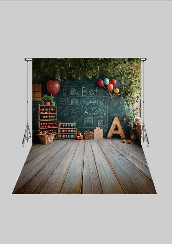 Okul ve Sınıf Temalı 16 - Dünya ve Kitaplık  - Üç Boyutlu Çocuk Kumaş Fotoğraf Fonu - Fabric Photography Backdrop ( 2X2,5 MT)