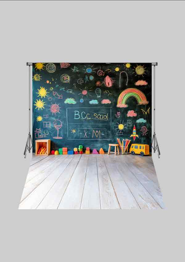 Okul ve Sınıf Temalı 17 - Dünya ve Kitaplık  - Üç Boyutlu Çocuk Kumaş Fotoğraf Fonu - Fabric Photography Backdrop ( 2X2,5 MT)