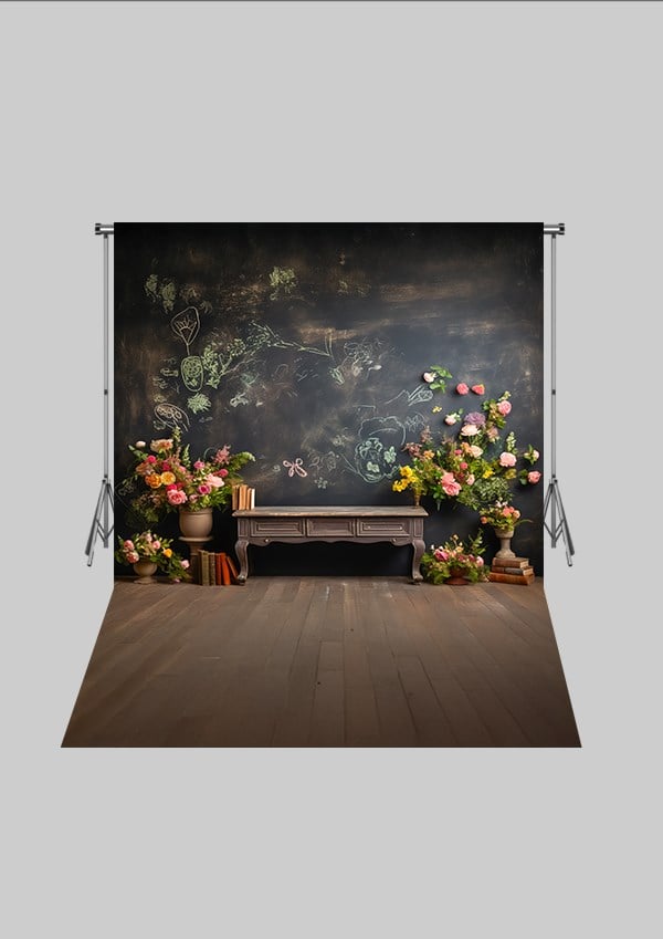 Okul ve Sınıf Temalı 24 - Dünya ve Kitaplık  - Üç Boyutlu Çocuk Kumaş Fotoğraf Fonu - Fabric Photography Backdrop ( 2X2,5 MT)