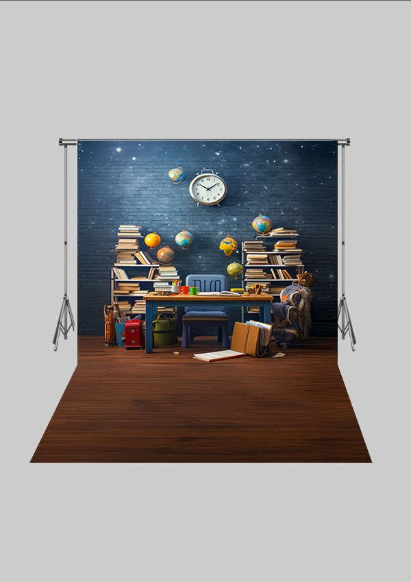 Okul ve Sınıf Temalı 25 - Dünya ve Kitaplık  - Üç Boyutlu Çocuk Kumaş Fotoğraf Fonu - Fabric Photography Backdrop ( 2X2,5 MT)