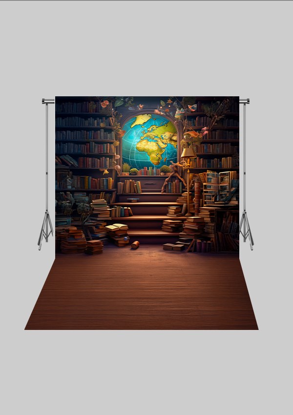 Okul ve Sınıf Temalı 26 - Dünya ve Kitaplık  - Üç Boyutlu Çocuk Kumaş Fotoğraf Fonu - Fabric Photography Backdrop ( 2X2,5 MT)