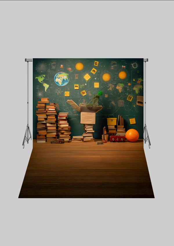 Okul ve Sınıf Temalı 29 - Dünya ve Kitaplık  - Üç Boyutlu Çocuk Kumaş Fotoğraf Fonu - Fabric Photography Backdrop ( 2X2,5 MT)
