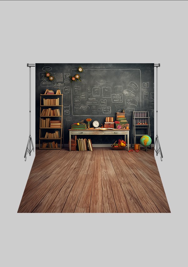 Okul ve Sınıf Temalı 32 - Dünya ve Kitaplık  - Üç Boyutlu Çocuk Kumaş Fotoğraf Fonu - Fabric Photography Backdrop ( 2X2,5 MT)
