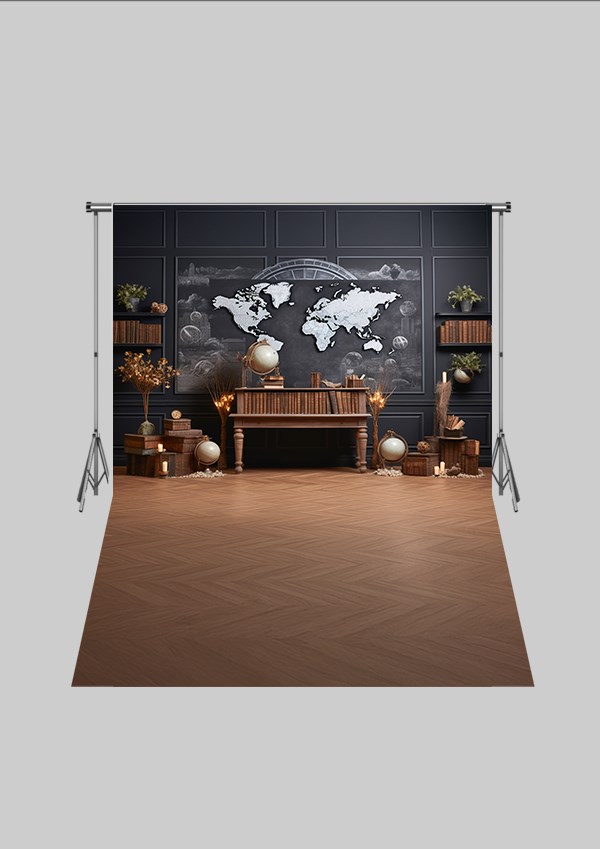 Okul ve Sınıf Temalı 34 - Dünya ve Kitaplık  - Üç Boyutlu Çocuk Kumaş Fotoğraf Fonu - Fabric Photography Backdrop ( 2X2,5 MT)