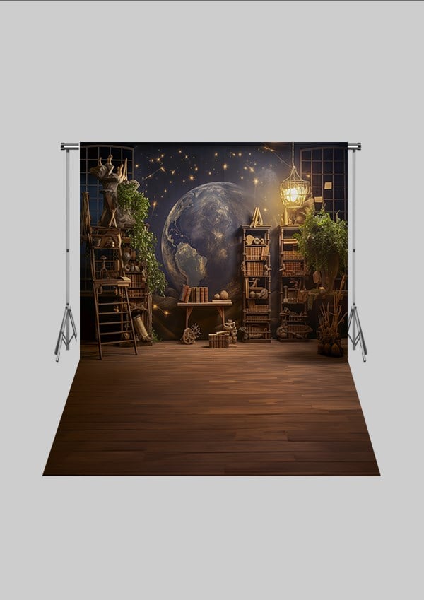 Okul ve Sınıf Temalı 35 - Dünya ve Kitaplık  - Üç Boyutlu Çocuk Kumaş Fotoğraf Fonu - Fabric Photography Backdrop ( 2X2,5 MT)