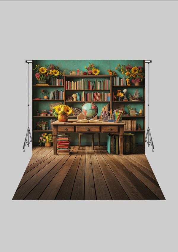 Okul ve Sınıf Temalı 36 - Dünya ve Kitaplık  - Üç Boyutlu Çocuk Kumaş Fotoğraf Fonu - Fabric Photography Backdrop ( 2X2,5 MT)