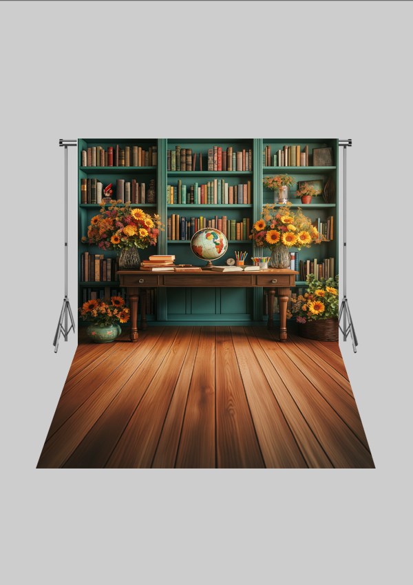 Okul ve Sınıf Temalı 39 - Dünya ve Kitaplık  - Üç Boyutlu Çocuk Kumaş Fotoğraf Fonu - Fabric Photography Backdrop ( 2X2,5 MT)