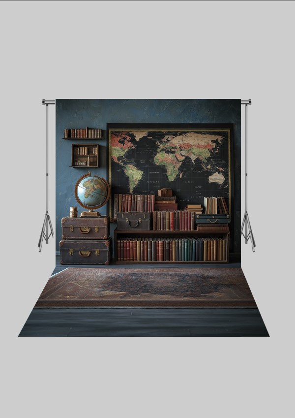 Okul ve Sınıf Temalı 40 - Dünya ve Kitaplık  - Üç Boyutlu Çocuk Kumaş Fotoğraf Fonu - Fabric Photography Backdrop ( 2X2,5 MT)