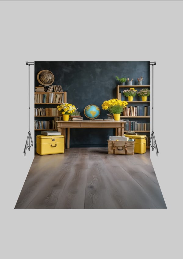 Okul ve Sınıf Temalı 43 - Dünya ve Kitaplık  - Üç Boyutlu Çocuk Kumaş Fotoğraf Fonu - Fabric Photography Backdrop ( 2X2,5 MT)
