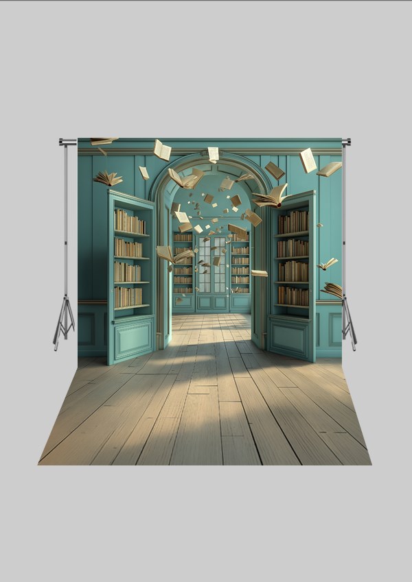 Okul ve Sınıf Temalı 47 - Dünya ve Kitaplık  - Üç Boyutlu Çocuk Kumaş Fotoğraf Fonu - Fabric Photography Backdrop ( 2X2,5 MT)