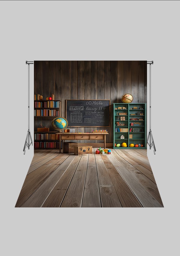 Okul ve Sınıf Temalı 48 - Dünya ve Kitaplık  - Üç Boyutlu Çocuk Kumaş Fotoğraf Fonu - Fabric Photography Backdrop ( 2X2,5 MT)