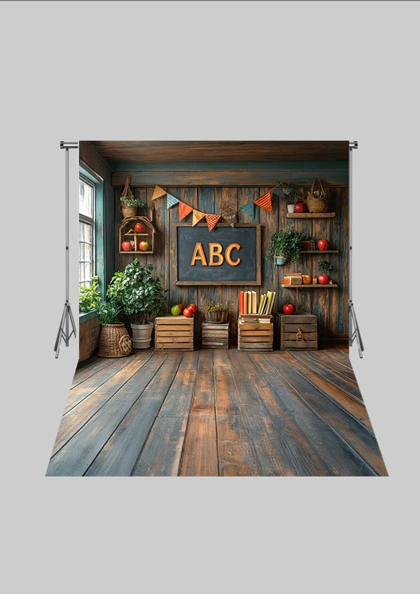 Okul ve Sınıf Temalı 49 - Dünya ve Kitaplık  - Üç Boyutlu Çocuk Kumaş Fotoğraf Fonu - Fabric Photography Backdrop ( 2X2,5 MT)