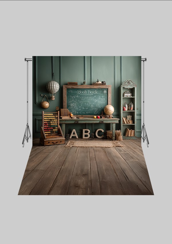 Okul ve Sınıf Temalı 54 - Dünya ve Kitaplık  - Üç Boyutlu Çocuk Kumaş Fotoğraf Fonu - Fabric Photography Backdrop ( 2X2,5 MT)