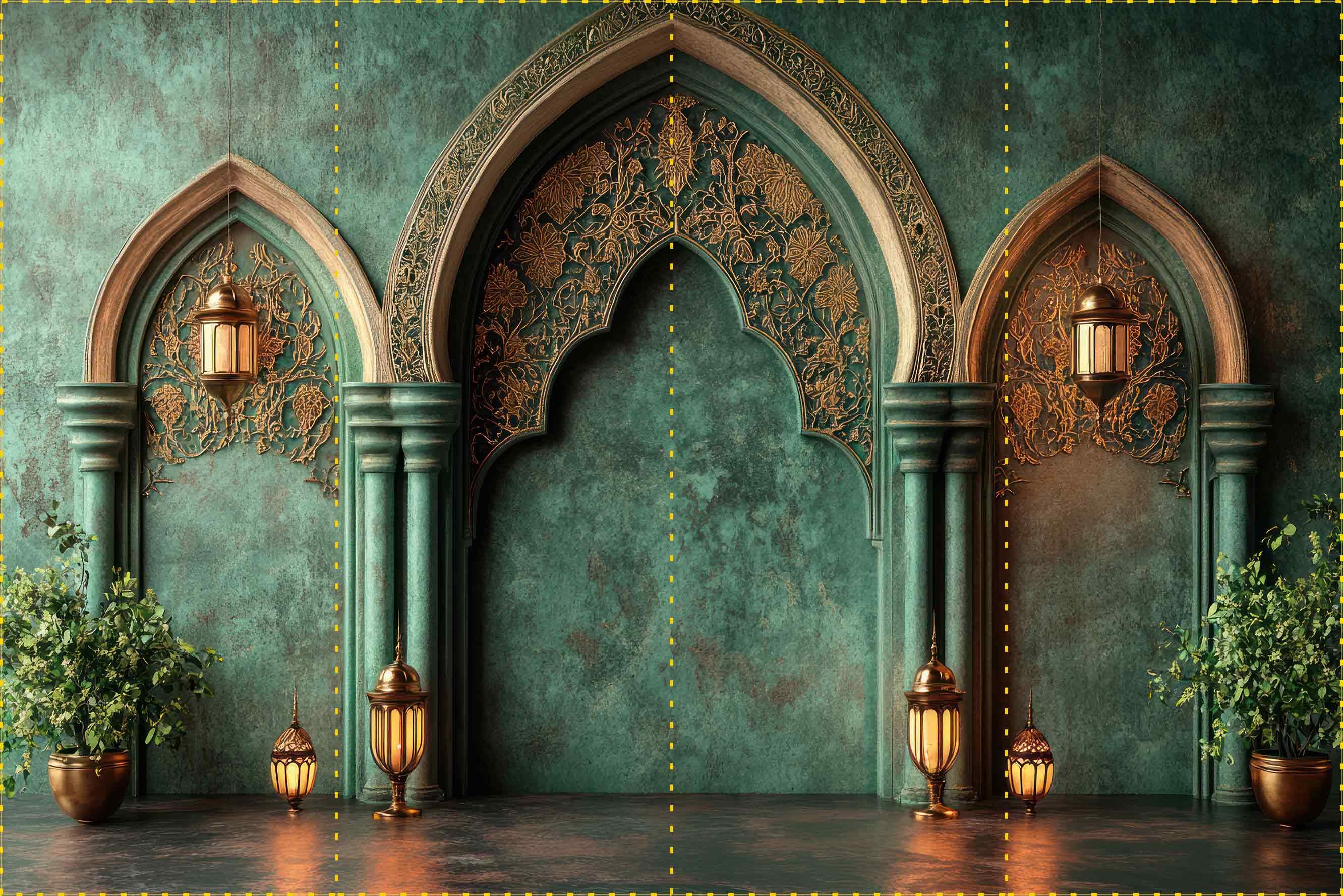 Osmanlı Yeşil Sütunlar ve Motifler - Organizasyon ve Fotoğraf Fonu  - Katlanır Kırışmaz Kumaş - Üç Boyutlu Fotoğraf Fonu - Fabric Backdrop