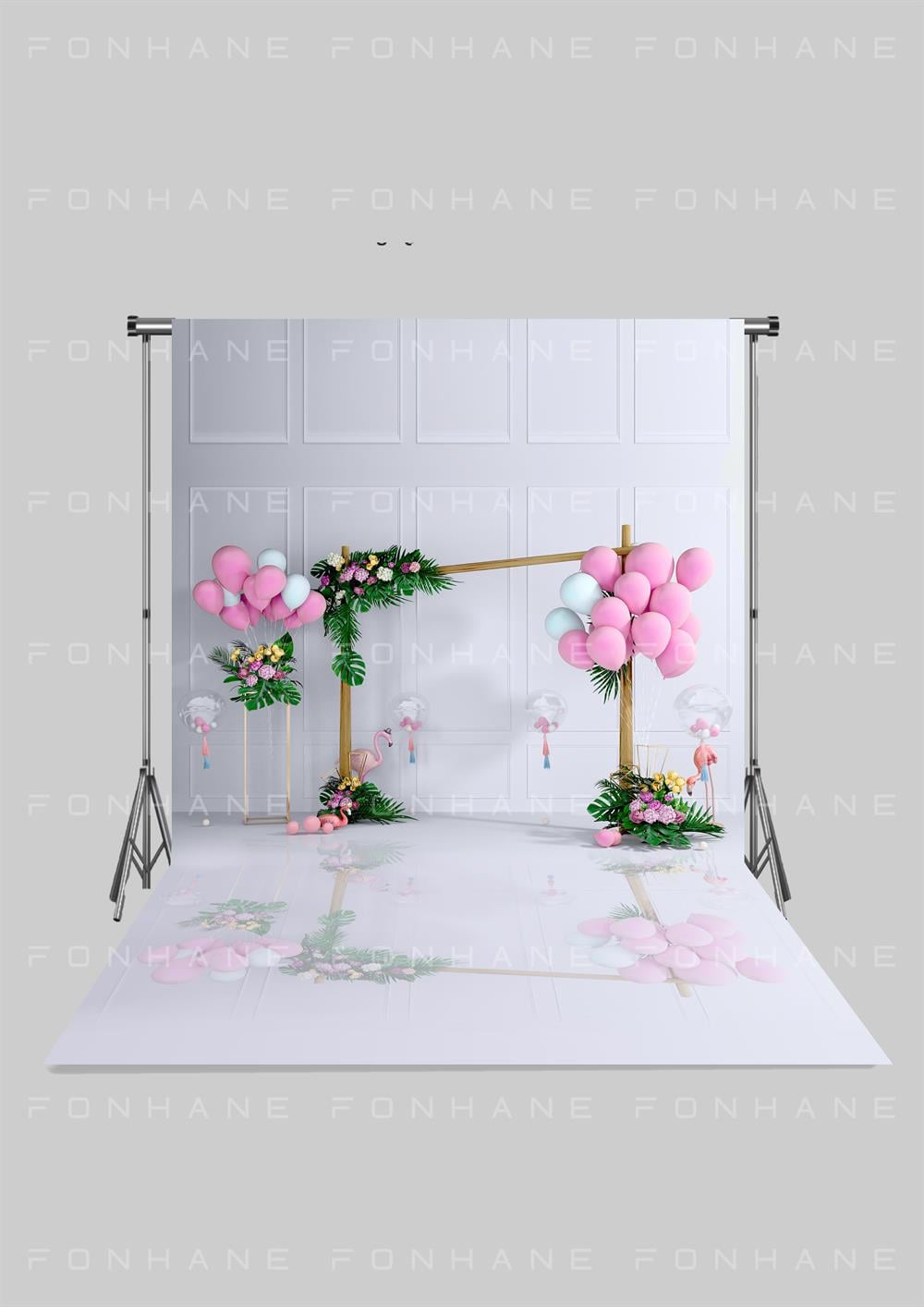 Pembe Balon ve Flamingo ile Süslenmiş Ahşap Tag Dekorlu Zeminli Çocuk Kumaş Fotoğraf Fonu( 2X2,5 MT)