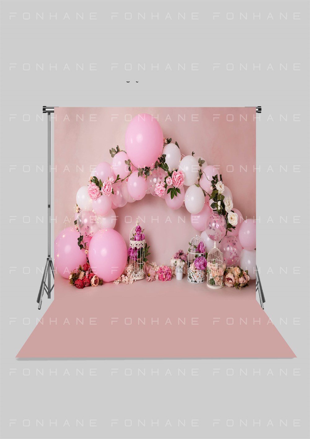 Pembe Balonlu ve Çiçekli Zeminli Çocuk Kumaş Fotoğraf Fonu( 2X2,5 MT)