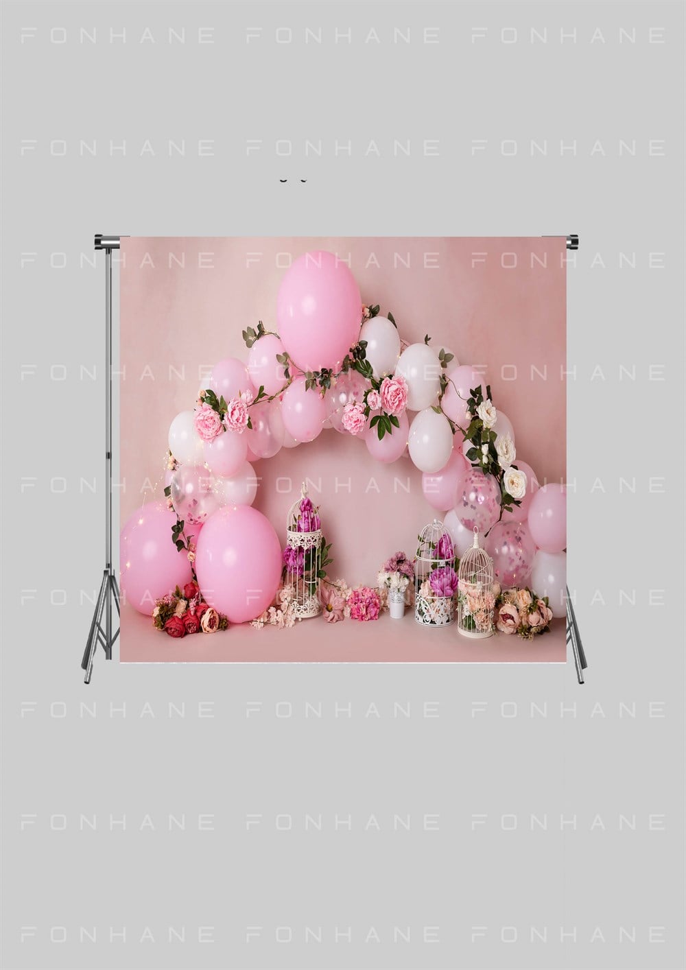 Pembe Balonlu ve Çiçekli Zeminsiz Çocuk Kumaş Fotoğraf Fonu( 2X1.5 MT)