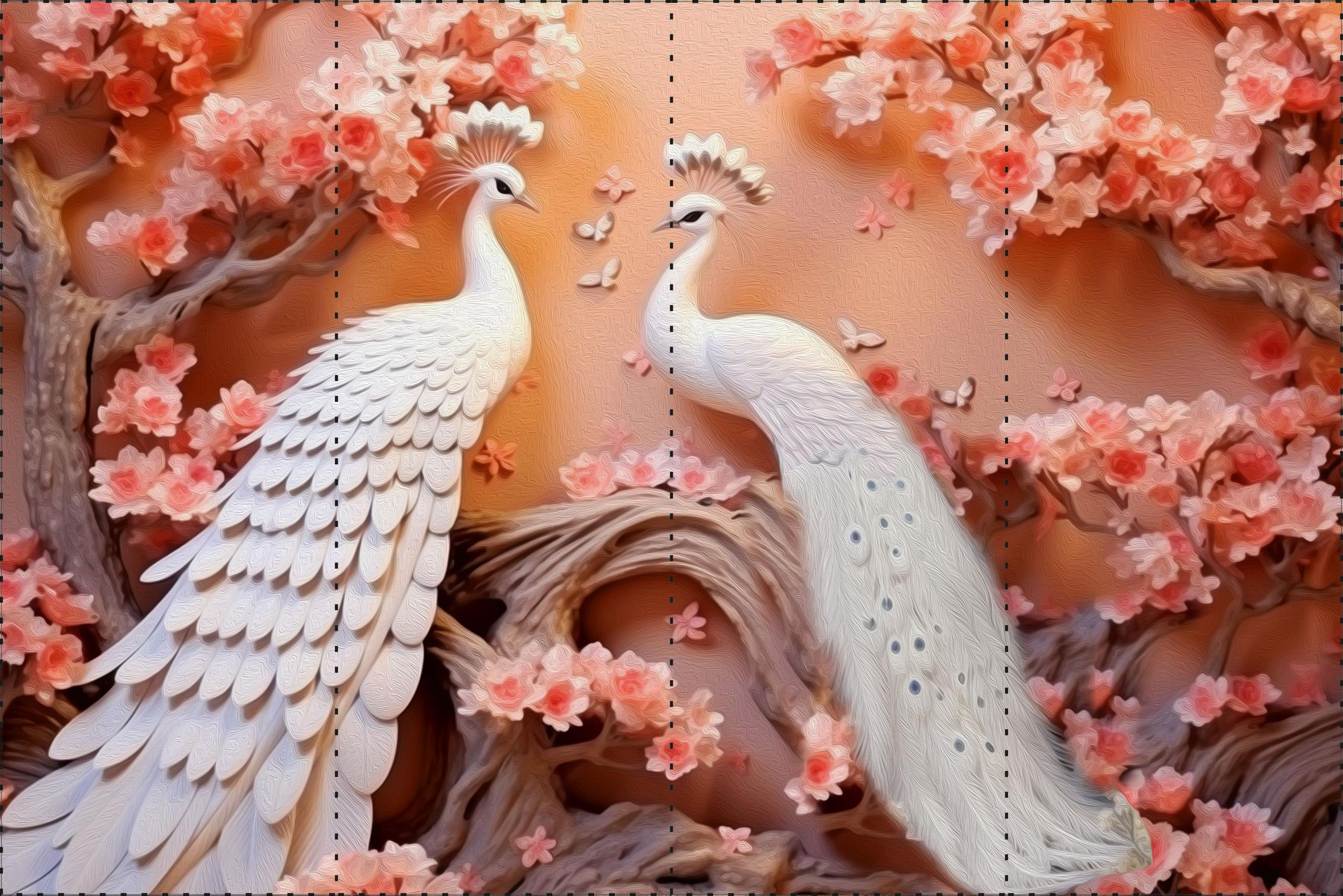 Pembe Çiçekli Daldaki İki Beyaz Tavus Kuşu  - Organizasyon ve Fotoğraf Fonu  - Katlanır Kırışmaz Kumaş - Üç Boyutlu Fotoğraf Fonu