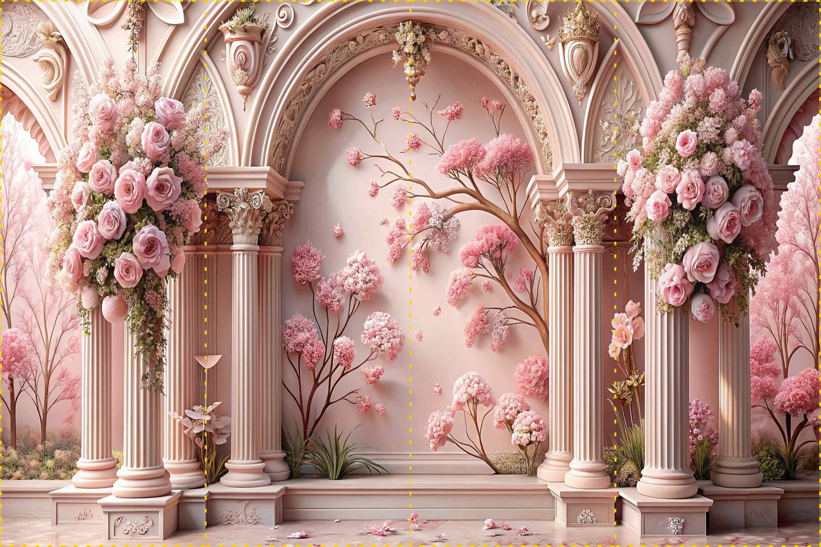 Pembe çiçekli sütunlar ve dekorlar - Organizasyon ve Fotoğraf Fonu  - Katlanır Kırışmaz Kumaş - Üç Boyutlu Fotoğraf Fonu - Fabric Backdrop