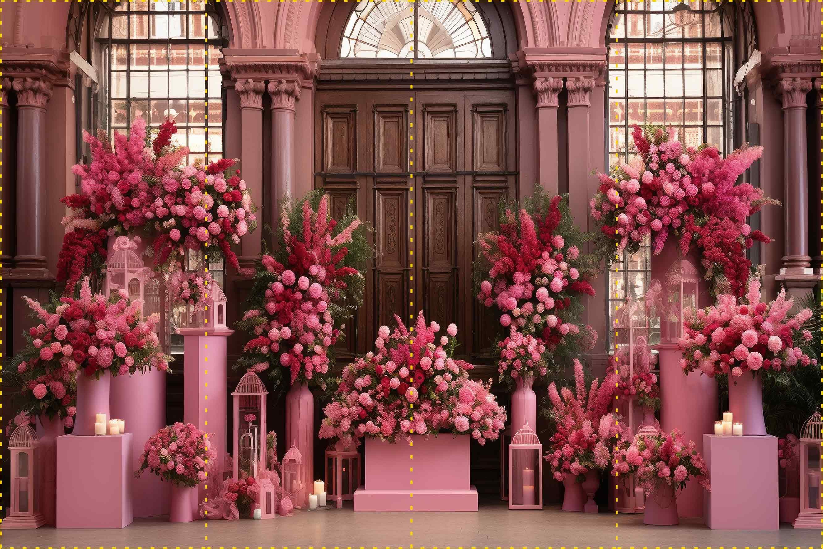 Pembe çiçekli vazolu dekor - Organizasyon ve Fotoğraf Fonu  - Katlanır Kırışmaz Kumaş - Üç Boyutlu Fotoğraf Fonu - Fabric Backdrop