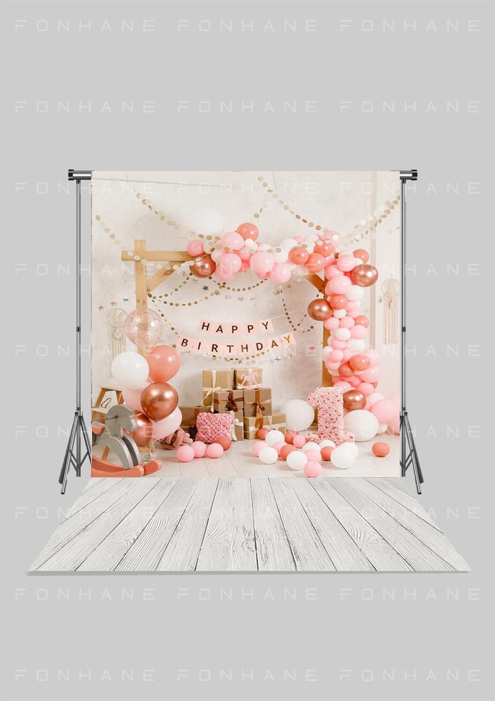 Pembe Doğum Günü Temalı Hediye Paketleri Zeminli Çocuk Kumaş Fotoğraf Fonu( 2X2,5 MT)