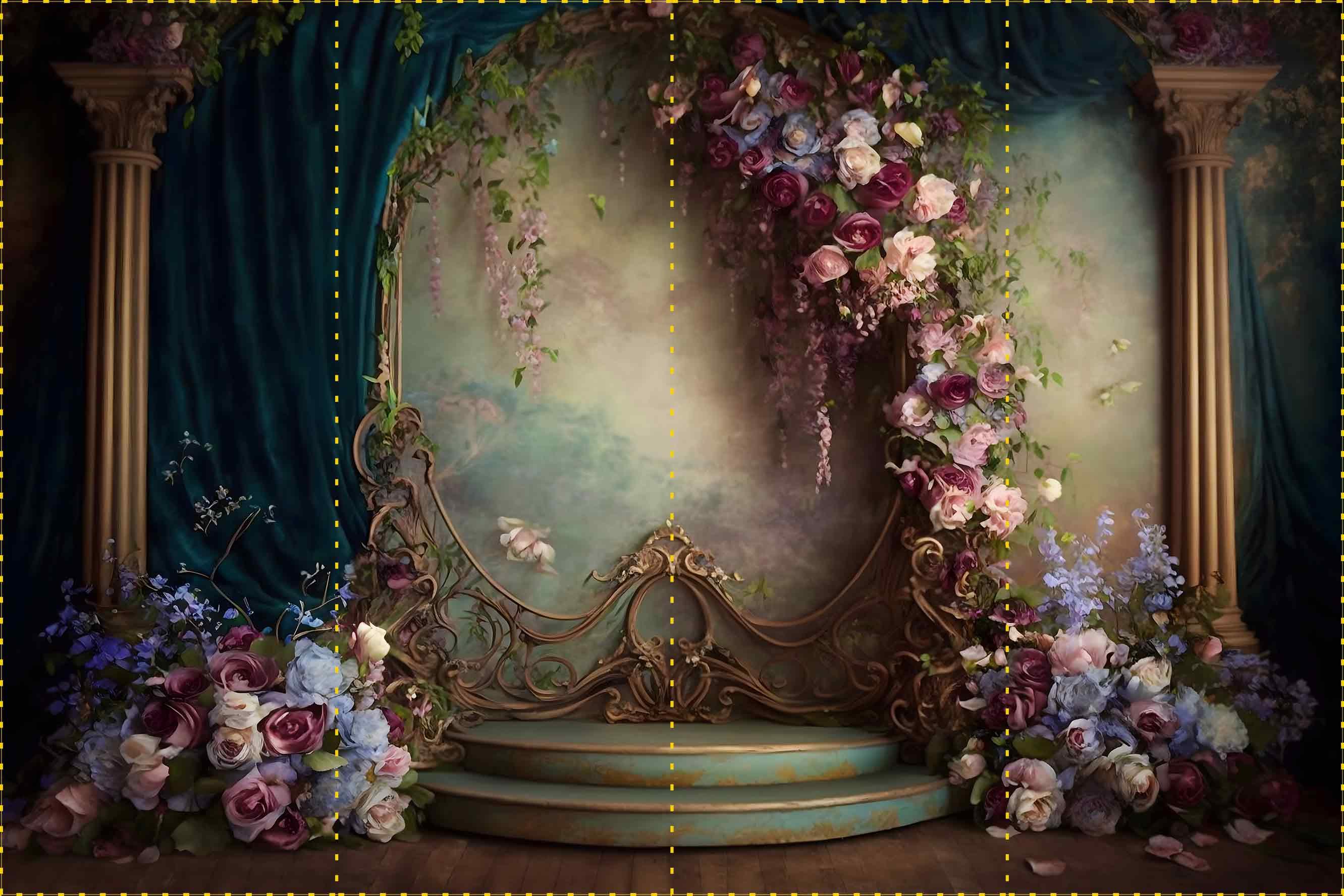 Perde ve sütun detaylı çiçek dekor - Organizasyon ve Fotoğraf Fonu  - Katlanır Kırışmaz Kumaş - Üç Boyutlu Fotoğraf Fonu - Fabric Backdrop