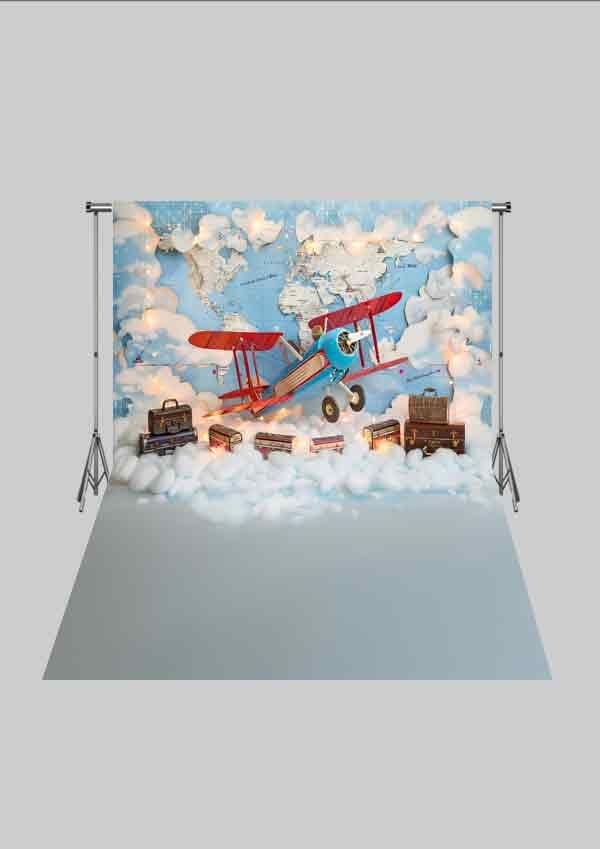 Pilot Temalı  - Atlas ve Uçaklar   - Üç Boyutlu Çocuk Kumaş Fotoğraf Fonu - Fabric Photography Backdrop ( 2X2,5 MT)