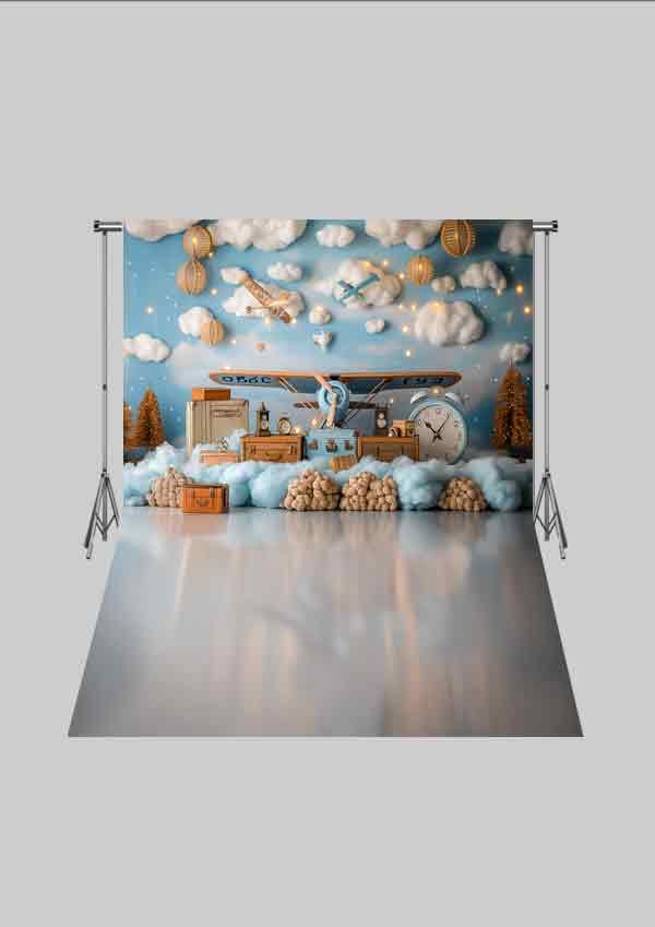 Pilot Temalı  - Bulutlar ve Uçak - Üç Boyutlu Çocuk Kumaş Fotoğraf Fonu - Fabric Photography Backdrop ( 2X2,5 MT)