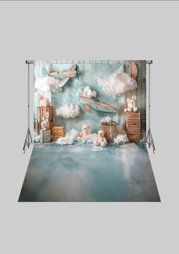 Pilot Temalı  - Pamuksu Bulutlar  - Üç Boyutlu Çocuk Kumaş Fotoğraf Fonu - Fabric Photography Backdrop ( 2X2,5 MT)