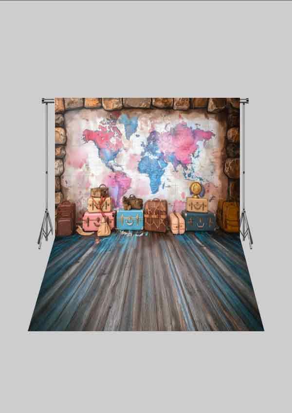 Pilot ve Travel Temalı  - Atlas ve Bavullar - Üç Boyutlu Çocuk Kumaş Fotoğraf Fonu - Fabric Photography Backdrop ( 2X2,5 MT)