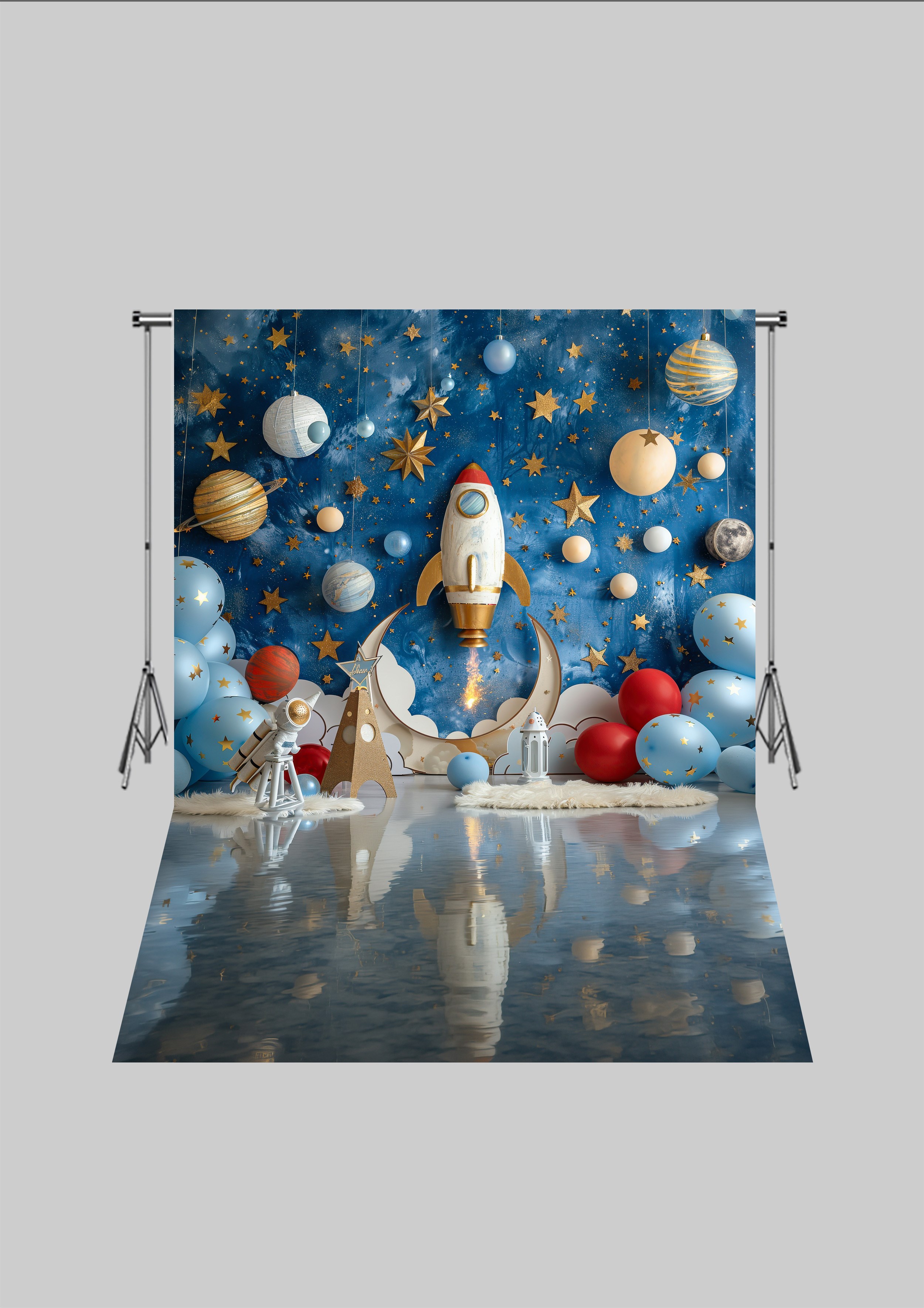 Uzay Temalı  - Uzay İstasyonu ve Gezegenler - Üç Boyutlu Çocuk Kumaş Fotoğraf Fonu - Fabric Photography Backdrop ( 2X2,5 MT)