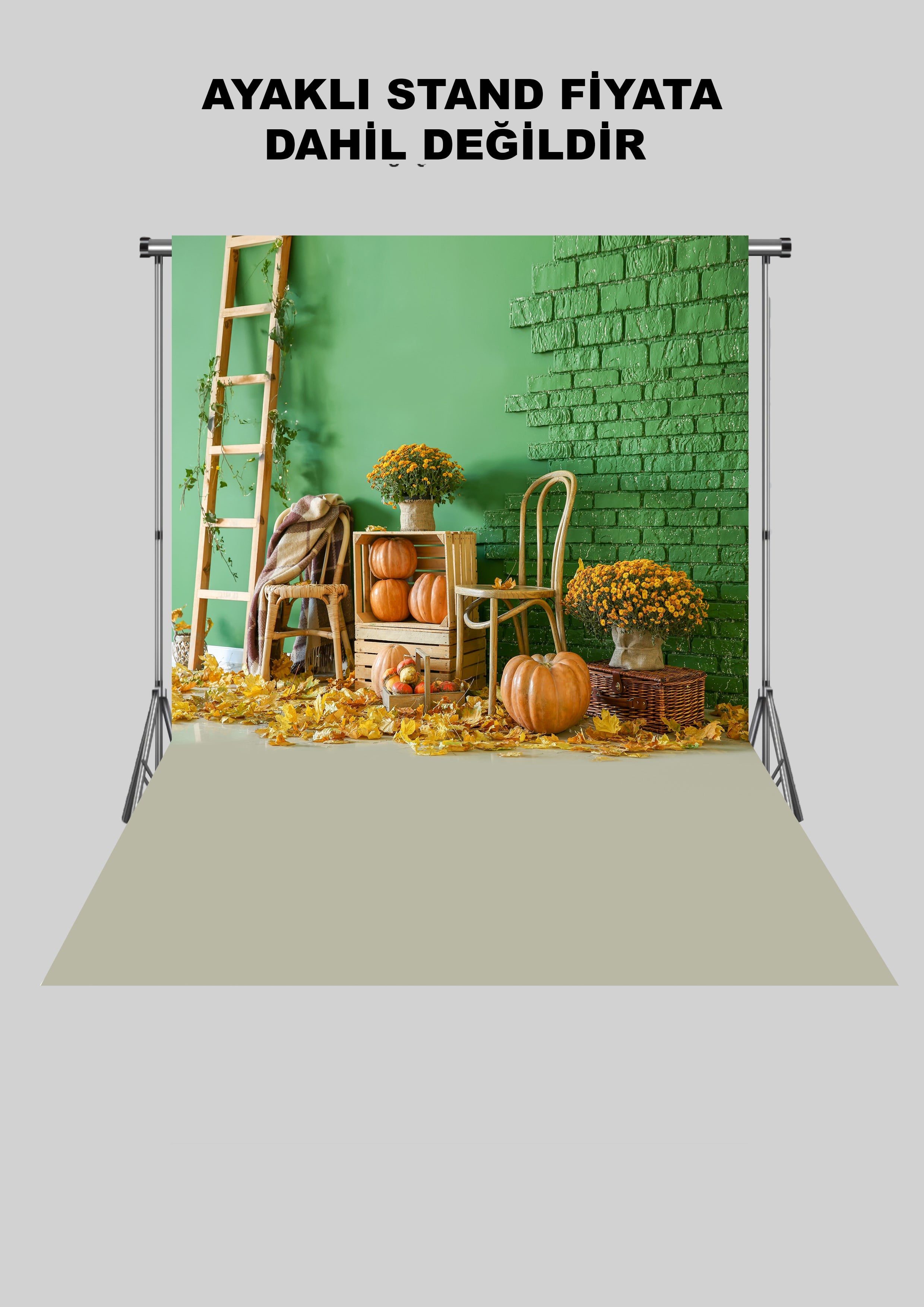 Yeşil Duvar  Önü Balkabakları Farm Zeminli Yetişkin Kumaş Fotoğraf Fonu( 3X5 MT)