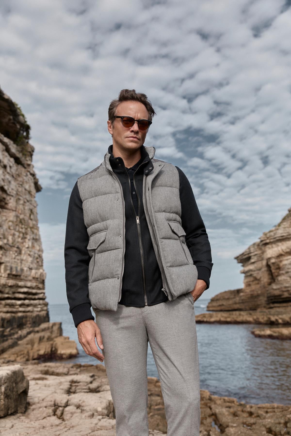  Erkek Gri Dik Yaka Yünlü Casual Yelek