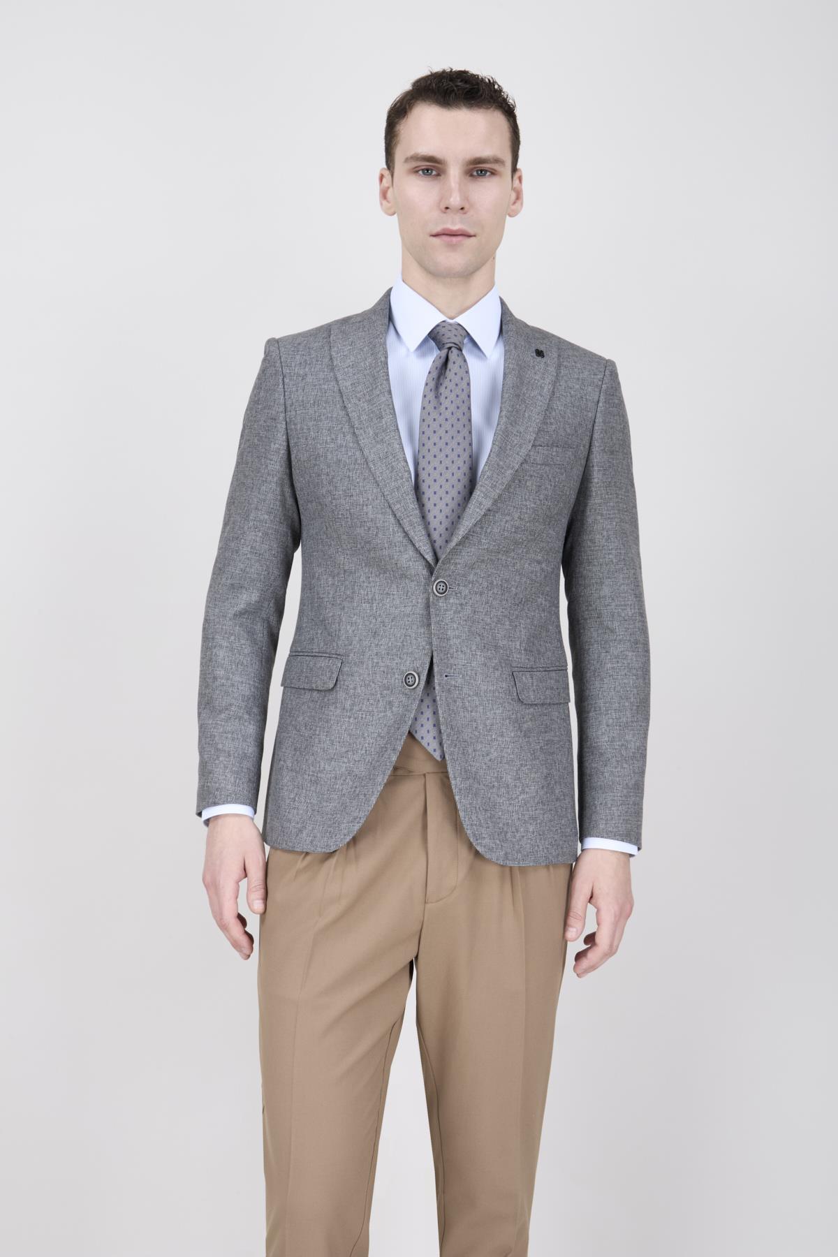 Erkek Slim Fit Sivri Yaka Açık Gri Ceket