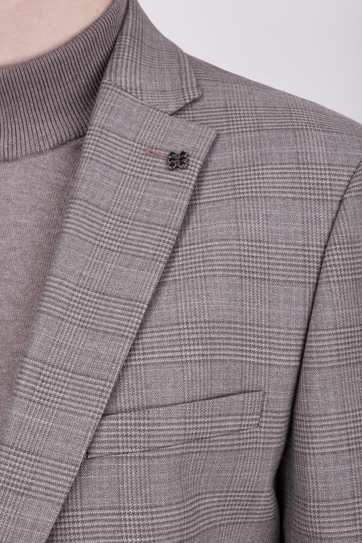 Erkek Slim Fit Mono Yaka Ekose Açık Kahverengi Ceket